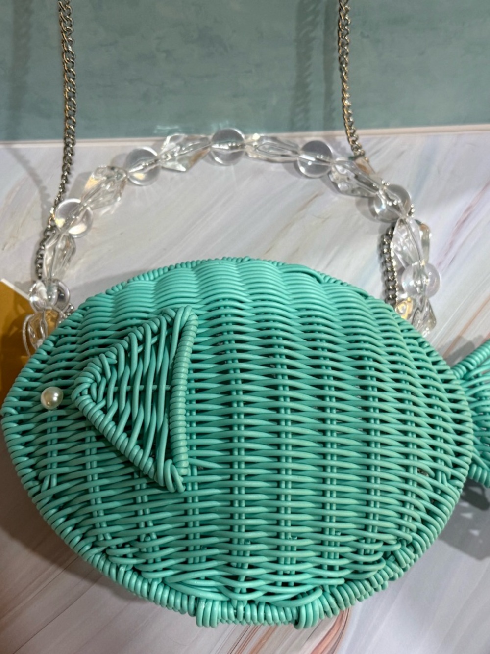 Tommy Bahama Aqua Woven Fish-Shaped Mini Crossbody with beaded detail handle